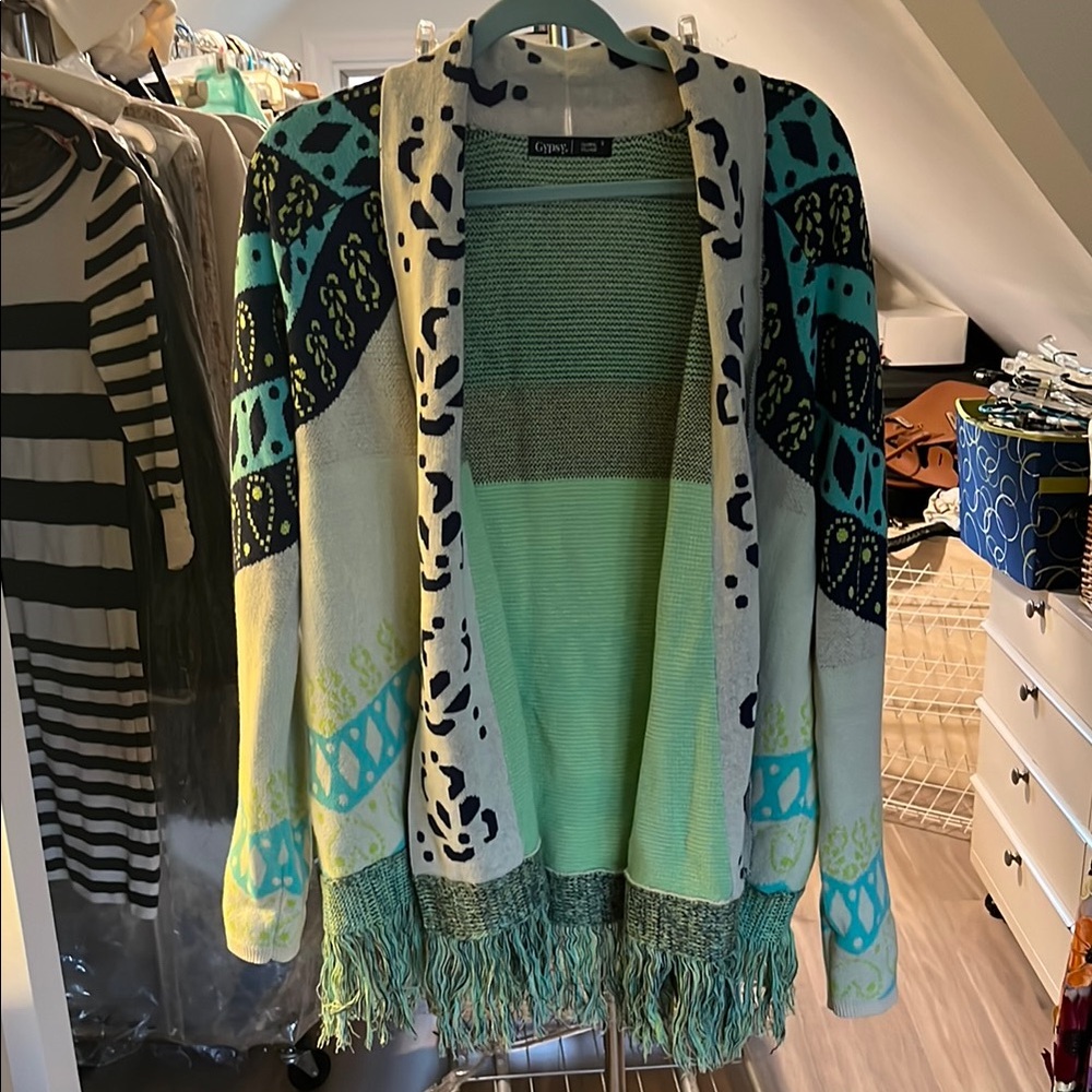 Gypsy 05 Green and Blue Cardigan Sweater with Fringe